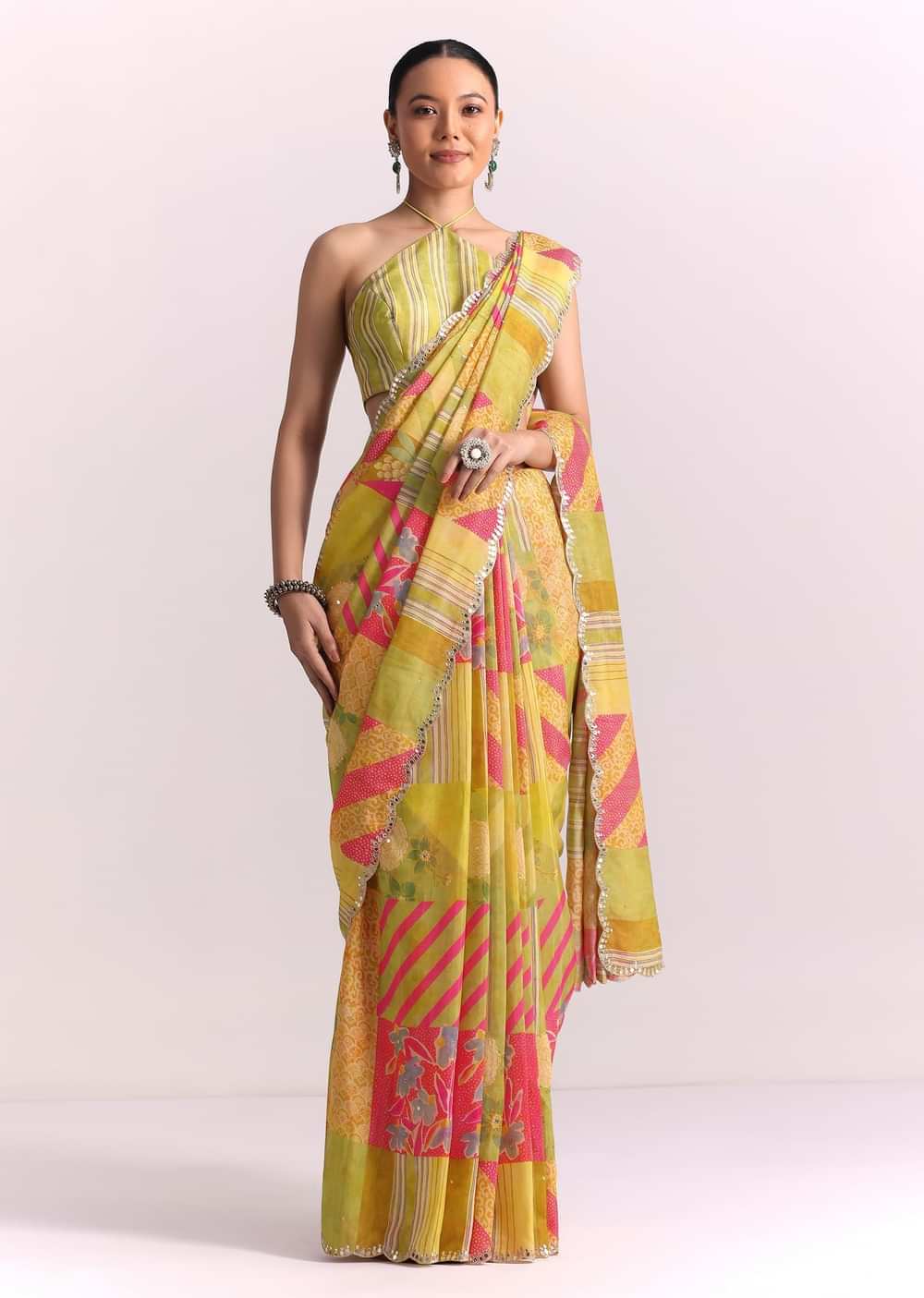Green Muslin Printed Saree with Mirror Work