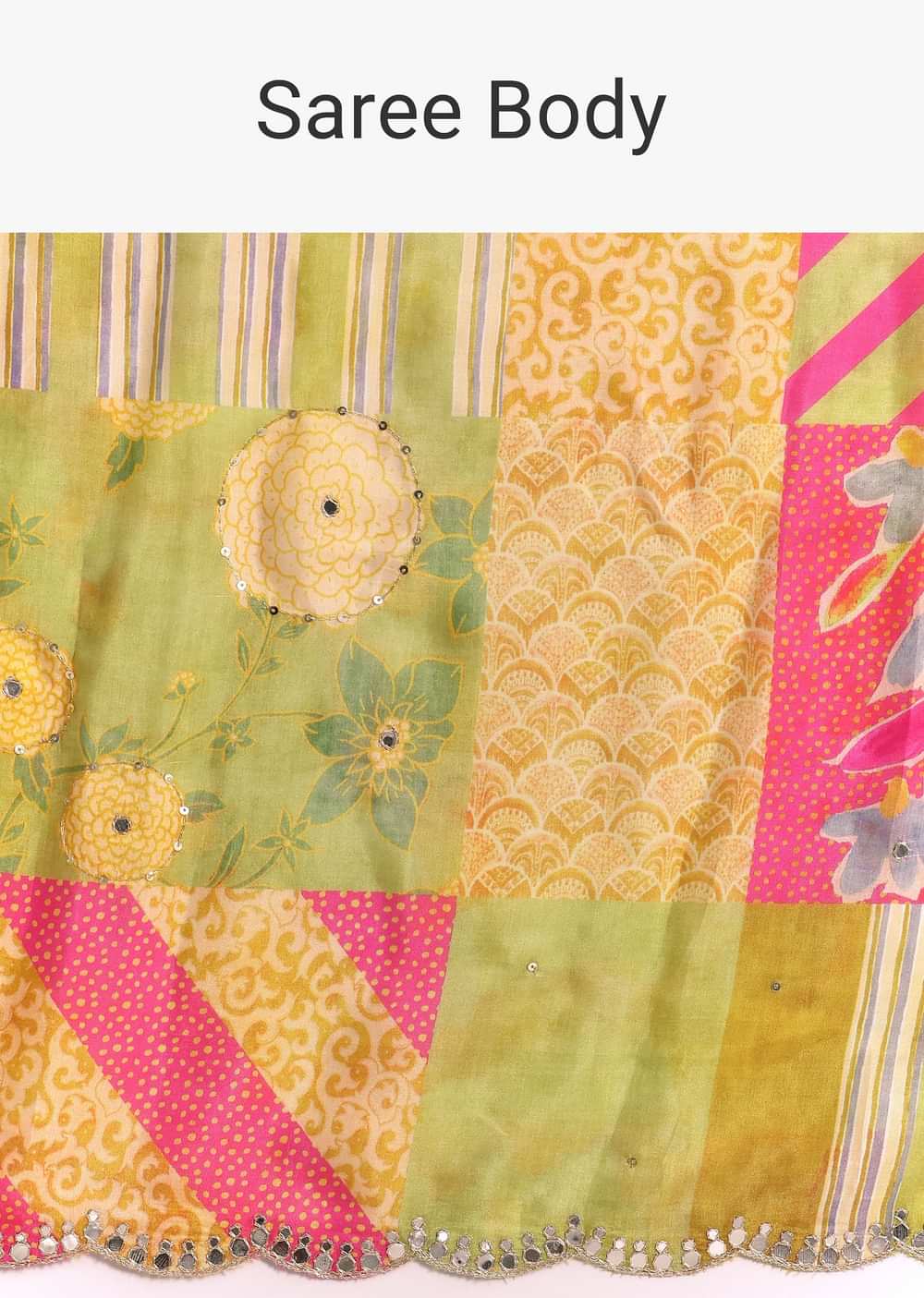 Green Muslin Printed Saree with Mirror Work