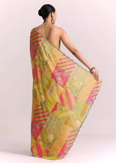 Green Muslin Printed Saree with Mirror Work