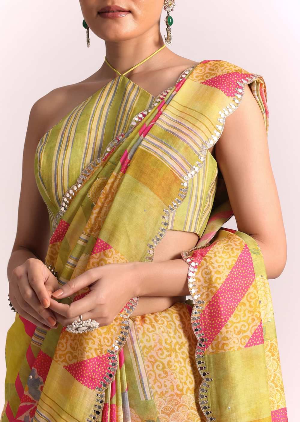 Green Muslin Printed Saree with Mirror Work