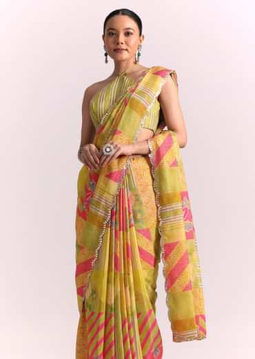 Green Muslin Printed Saree with Mirror Work