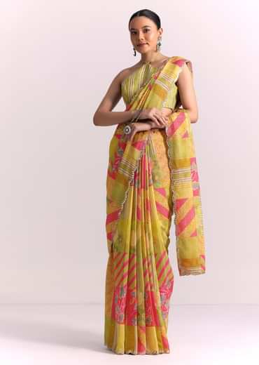 Green Muslin Printed Saree with Mirror Work