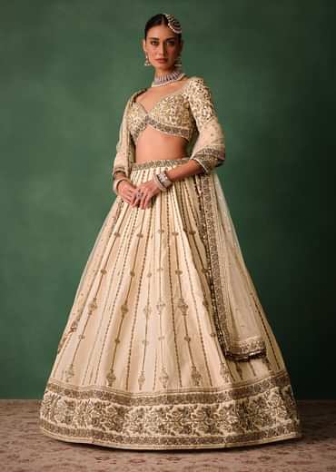Ivory Raw Silk Hand Embroidered Lehenga Set With Net Dupatta