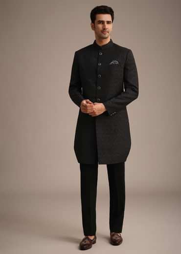 Black Jacquard Silk Indowestern Set