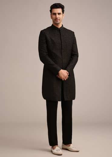 Black Silk Indo Western And Pant Set With Salli Work