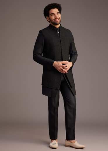 Black Textured Bandhgala With Embellished Full Sleeve Jacket
