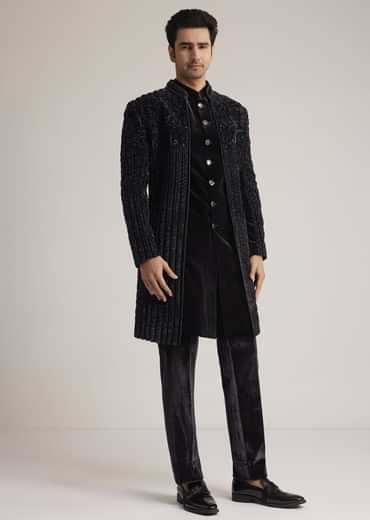 Black Velvet Indowestern Set With Cut Dana Embellishment