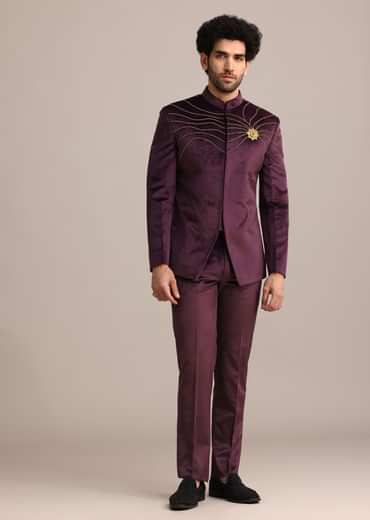 Wine Suede Jodhpuri Set With Patch Work