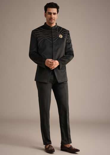 Black Embroidered Jodhpuri Set With Poth Work In Suede