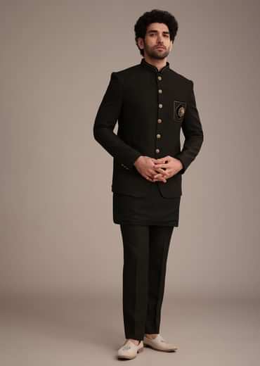 Black Silk Kurta Jacket Set With Patch Work Broach