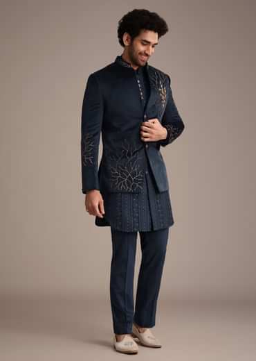 Blue Jacquard Kurta Jacket Set With Broach