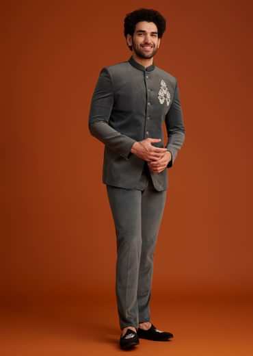 Grey Bandhgala With Embroidered Crest