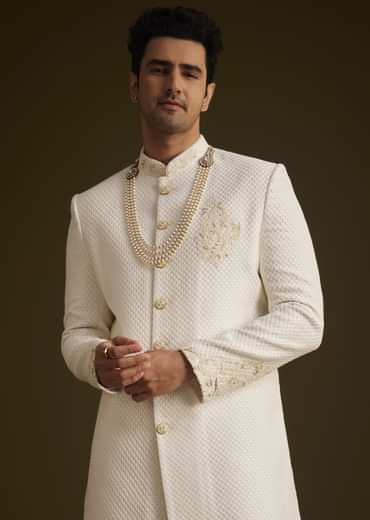 Ivory Embroidered Sherwani Set With Pearl Detailing
