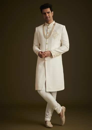 Ivory Embroidered Sherwani Set With Pearl Detailing