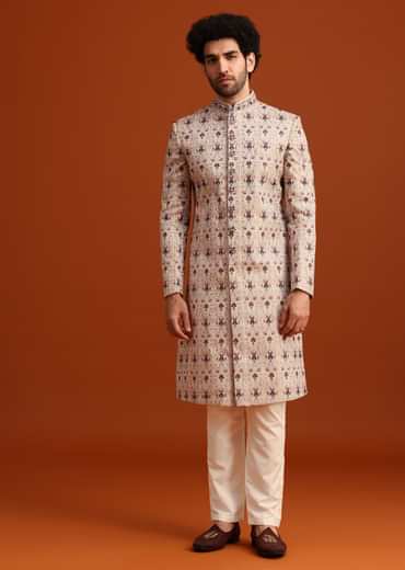Beige Silk Sherwani Set With Resham Work