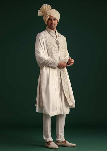 Off White Silk Threadwork Sherwani Suit With Dupatta And Mala