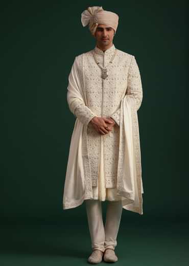 Gold Zari Embroidered Sherwani With Anarkali Kurta And Dupatta