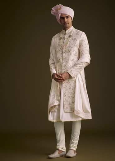 Pink Floral Embroidered Sherwani With Pearl Detailing