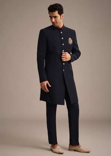 Navy Blue Indowestern Set With Animal Motif Brooch