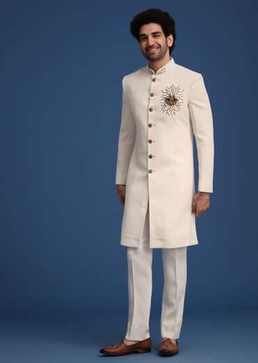 Cream Indowestern Suit With Zari And Metal Work Broach