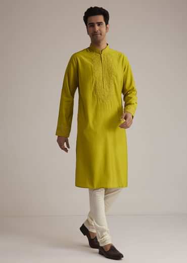 Yellow Silk Kurta With Thread Embroidery