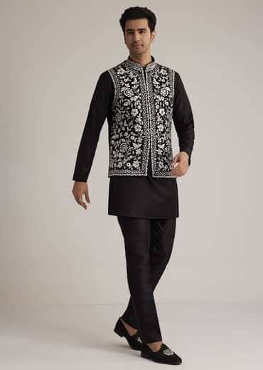 Black Silk Kurta Set With Embroidered Nehru Jacket