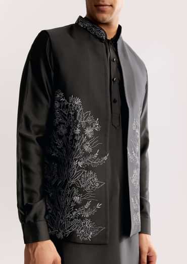 Black Rayon Kurta Jacket Set With Embroidery