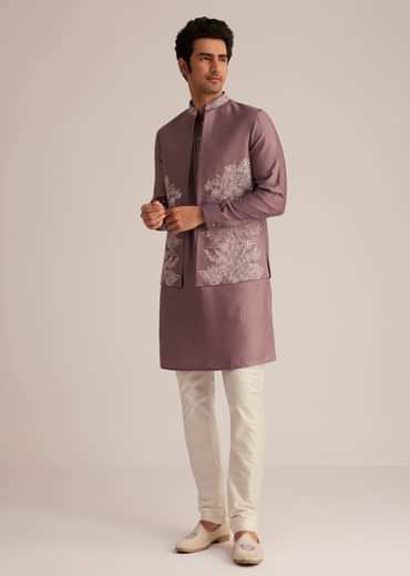 Mauve Kurta Pant Set With Embroidered Nehru Jacket