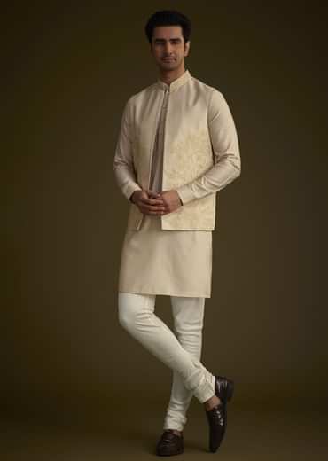 Beige Silk Blend Kurta Set With Embroidered Nehru Jacket