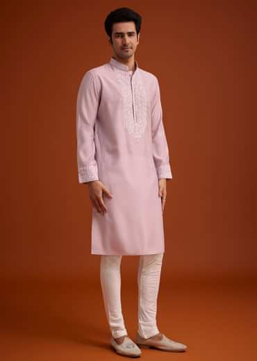 Lavender Silk Poly Viscose Kurta Set With Thread Embroidery