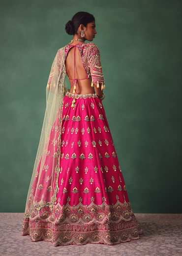 Deep Pink Bridal Butti Work Lehenga With Tassels on Blouse And Dupatta
