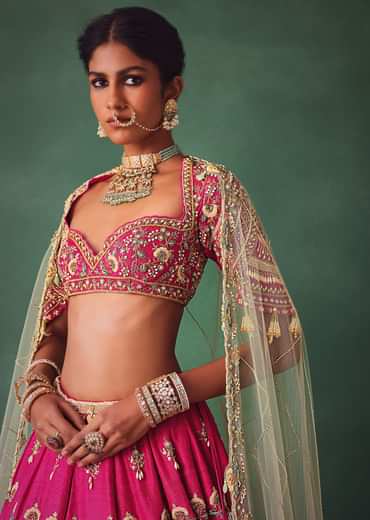 Deep Pink Bridal Butti Work Lehenga With Tassels on Blouse And Dupatta
