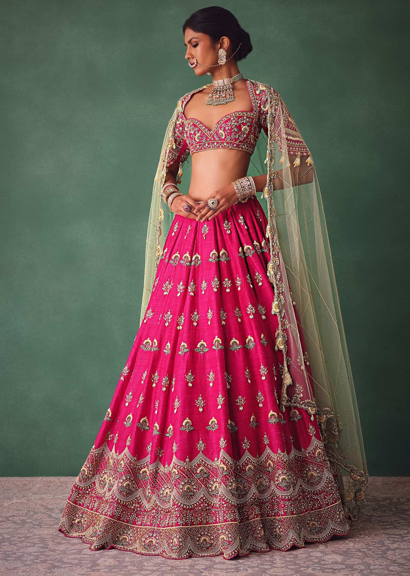Deep Pink Bridal Butti Work Lehenga With Tassels on Blouse And Dupatta