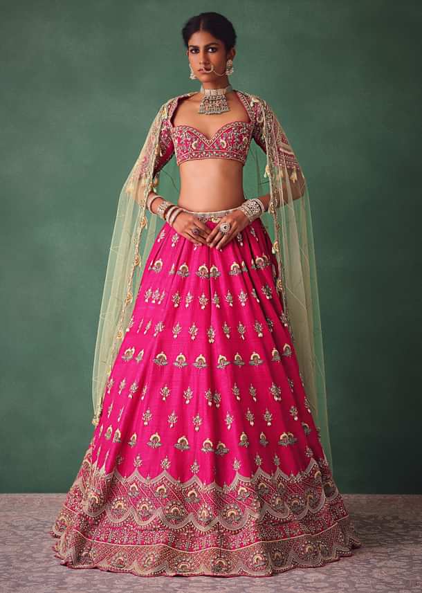 Deep Pink Bridal Butti Work Lehenga With Tassels on Blouse And Dupatta