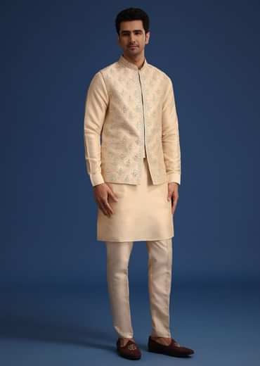 Beige Silk Zardozi Work Jacket And Kurta Set