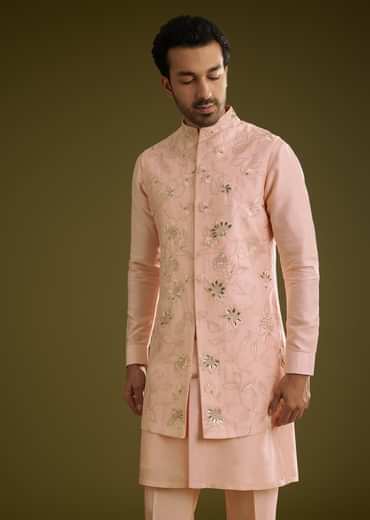 Peach Kurta Jacket Set In Cotton Silk With Embroidery Thread Work