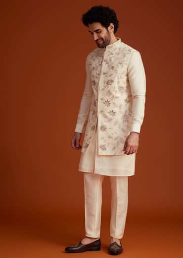 Ivory Floral Embroidered Jacket Kurta Set