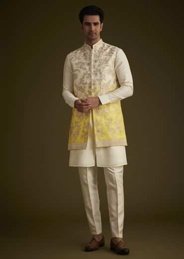 Ivory And Yellow Ombre Silk Jacket Set With Zari Work