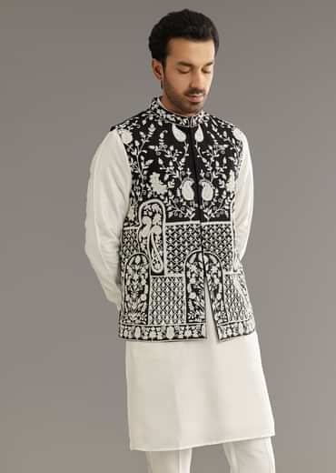 White Silk Kurta Set With Black Dori And Zardosi Jacket