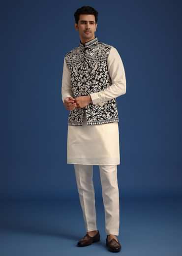 Black Silk Thread Work Jacket And Kurta Set