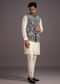 Beige Silk Threadwork Jacket Kurta Set For Men
