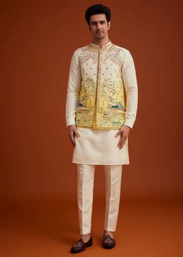 Cream To Yellow Ombre Silk Jacket Set With Thread And Mirror Work