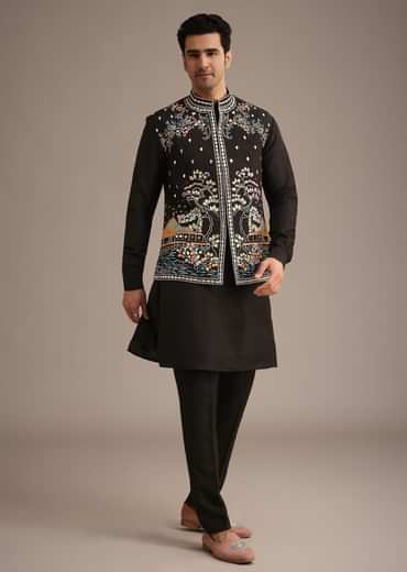 Black Hand Embellished Mirror Work Jacket And Kurta Set In Silk