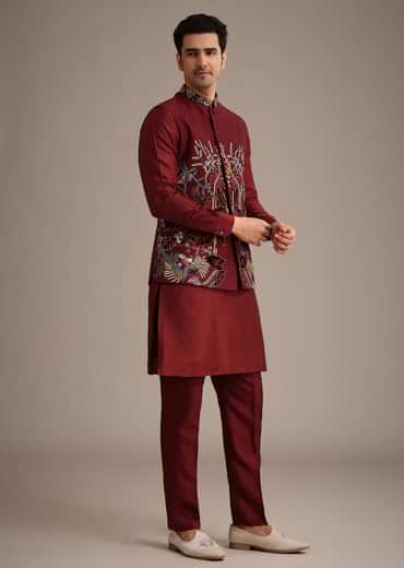 Red Jacket And Kurta Set In Silk With Resham Work