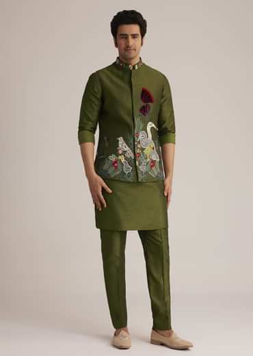 Green Embroidered Nehru Jacket With Bird Detailing