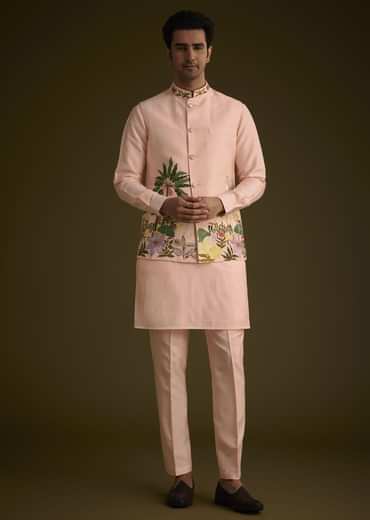 Baby Pink Silk Jacket Set With Nature Themed Patch Work