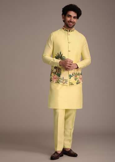 Lemon Yellow Silk Thread Work Kurta Jacket Set
