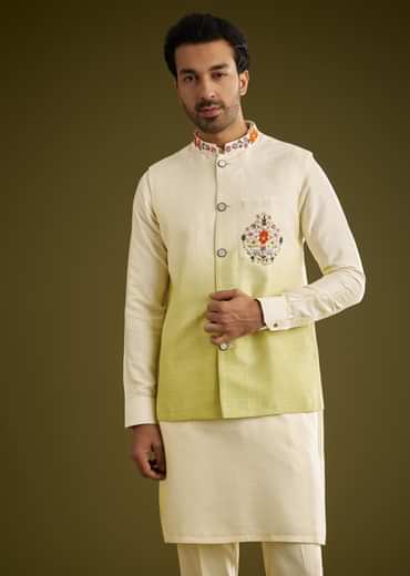 Pista Ombre Green Silk Kurta Jacket Set With Thread Work