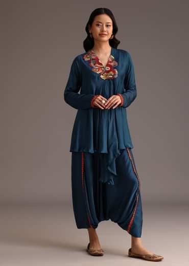 Teal Resham Work Kurti And Bohemian Dhoti