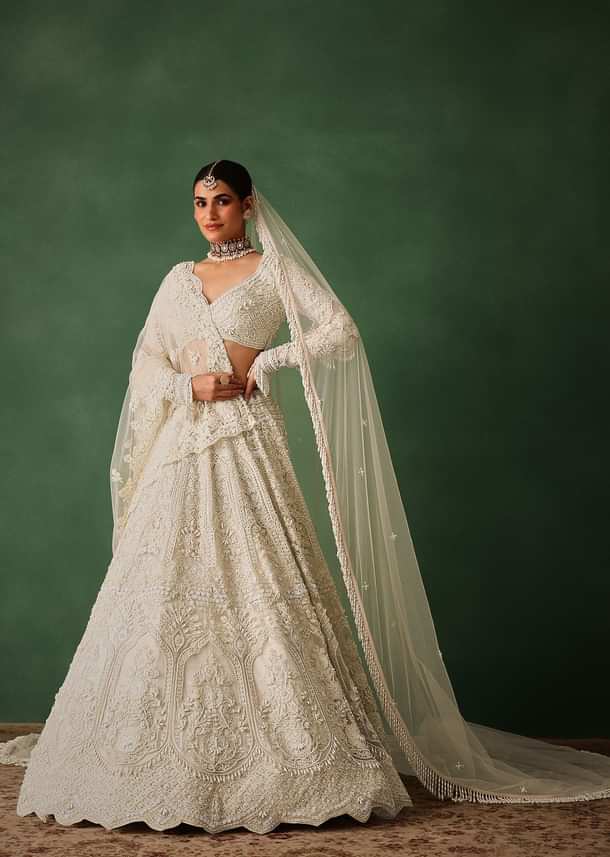 Off White Pearl Embroidered Lehenga Set With Dupatta